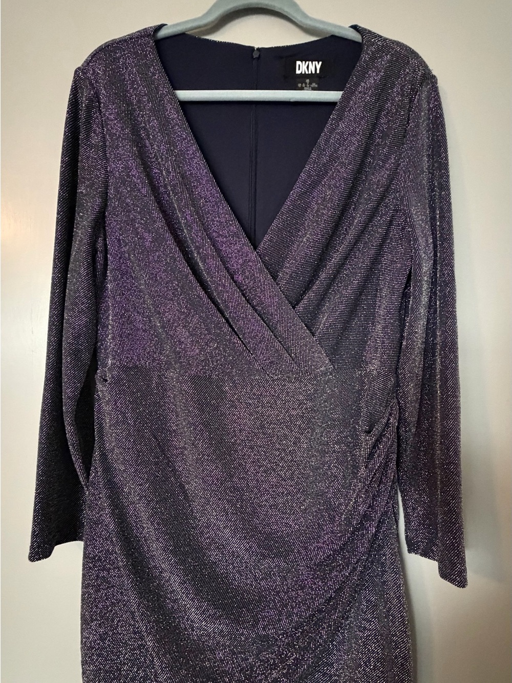 DKNY Shimmery Black and Silver Long-Sleeve Wrap Dress